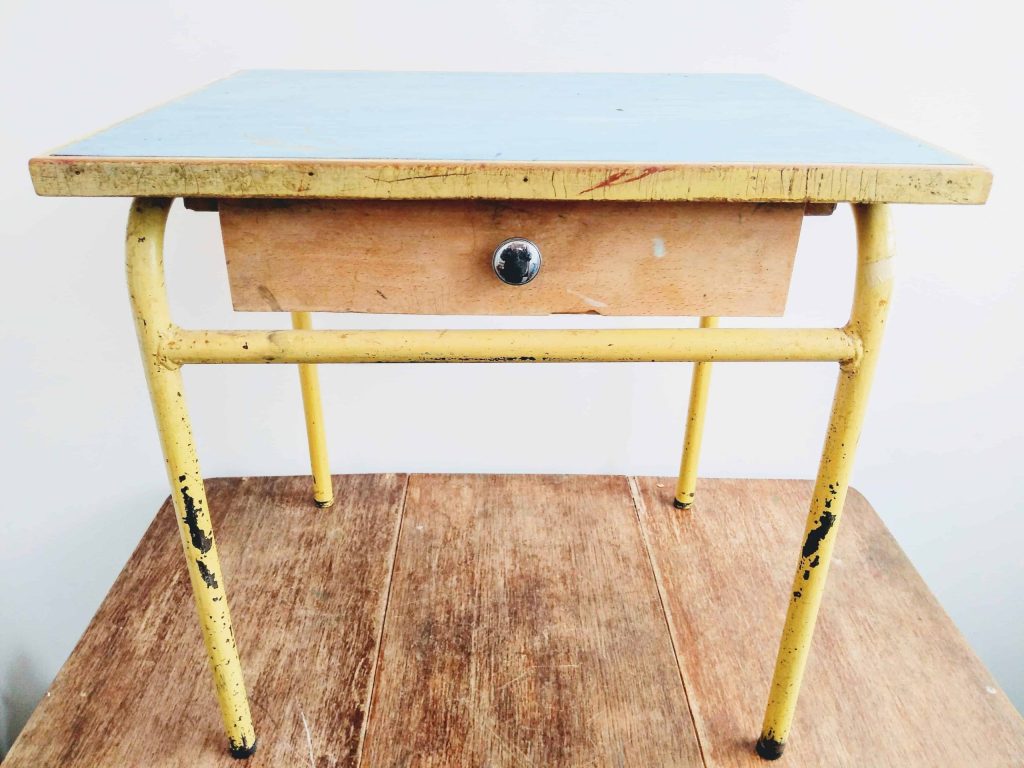 Vintage French Wooden Metal Yellow Blue Childs Table Writing Storage School Desk 5-7 Years Old Industrial circa 1960-70’s