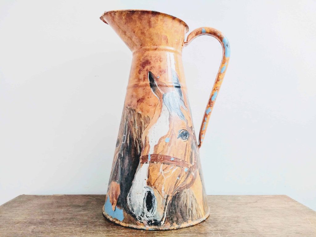 Vintage French painted enamel rusty dusty metal blue metal watering water milk jug can carafe pitcher vase circa 1930-40’s