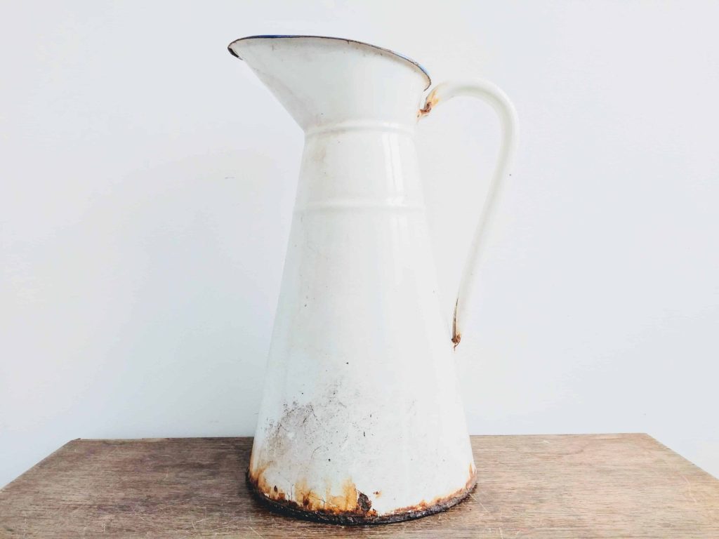 Vintage French enamel rusty dusty metal white metal watering water milk jug can carafe pitcher vase circa 1930-40’s