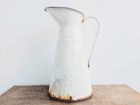 Vintage French enamel rusty dusty metal white metal watering water milk jug can carafe pitcher vase circa 1930-40's
