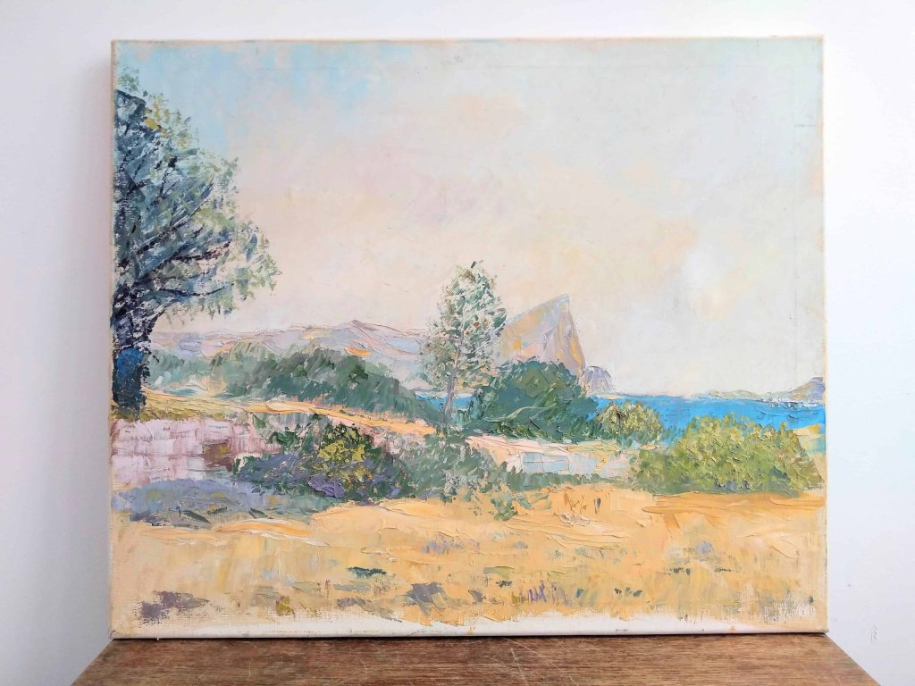 Vintage French South Provence Coastal Inlet Bay Headland Oil Painting Art circa 1960’s