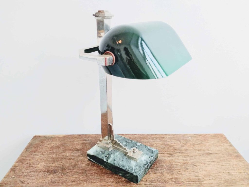 Vintage French Desk Standing Writing Lamp Electric Light Green Silver Glass Stone Base Art Deco Nouveau circa 1920-30’s