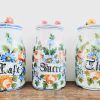 Vintage French Stoneware Kitchen Jar Set Damaged Prop Decor Storage Coffee Sugar Tea lidded flowers prop circa 1920's