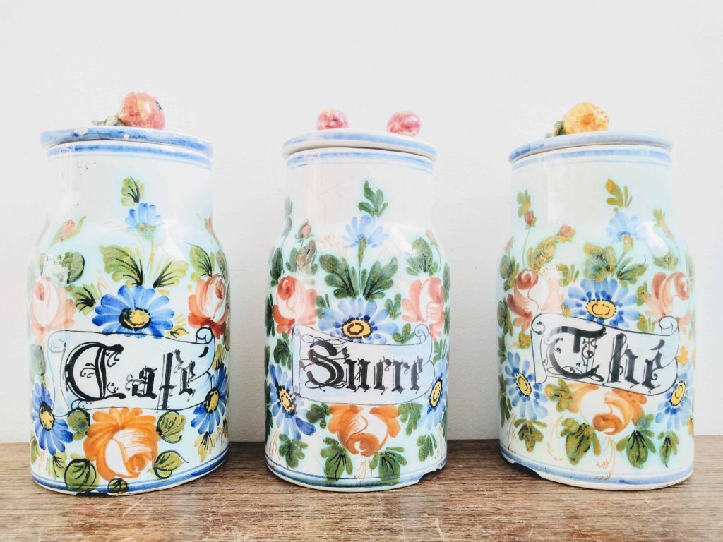 Vintage French Stoneware Kitchen Jar Set Damaged Prop Decor Storage Coffee Sugar Tea lidded flowers prop circa 1920’s