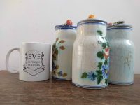 Alternative view of Vintage French Stoneware Kitchen Jar Set Damaged Prop Decor Storage Coffee Sugar Tea lidded flowers prop circa 1920's