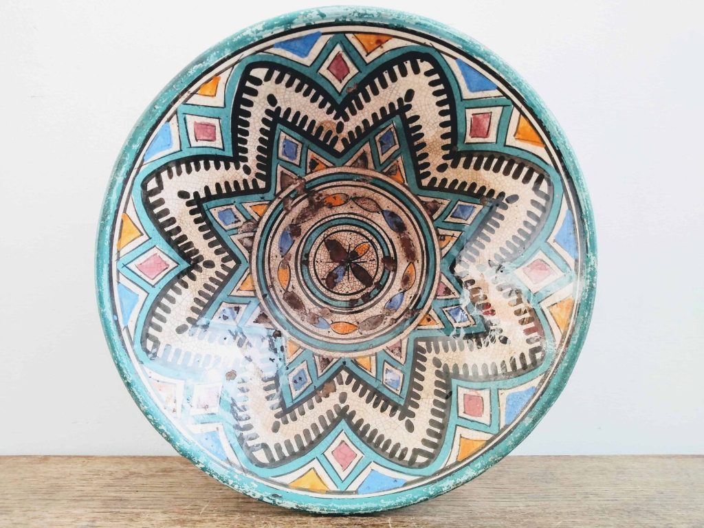 Vintage Moroccan Tunisian Cous Cous Dish Bowl Green Blue Pottery Stoneware Pot Serving Arabian Theme Display circa 1930-50’s 3