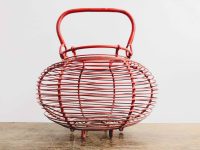 Vintage French Rustic Red Wire Egg Collecting Basket circa 1970-80's