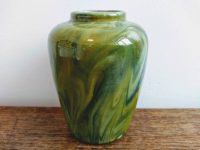 Vintage French Small Green Glazed Marbled Haze Pottery Vase gift present display flower stand stem circa 1970-80's