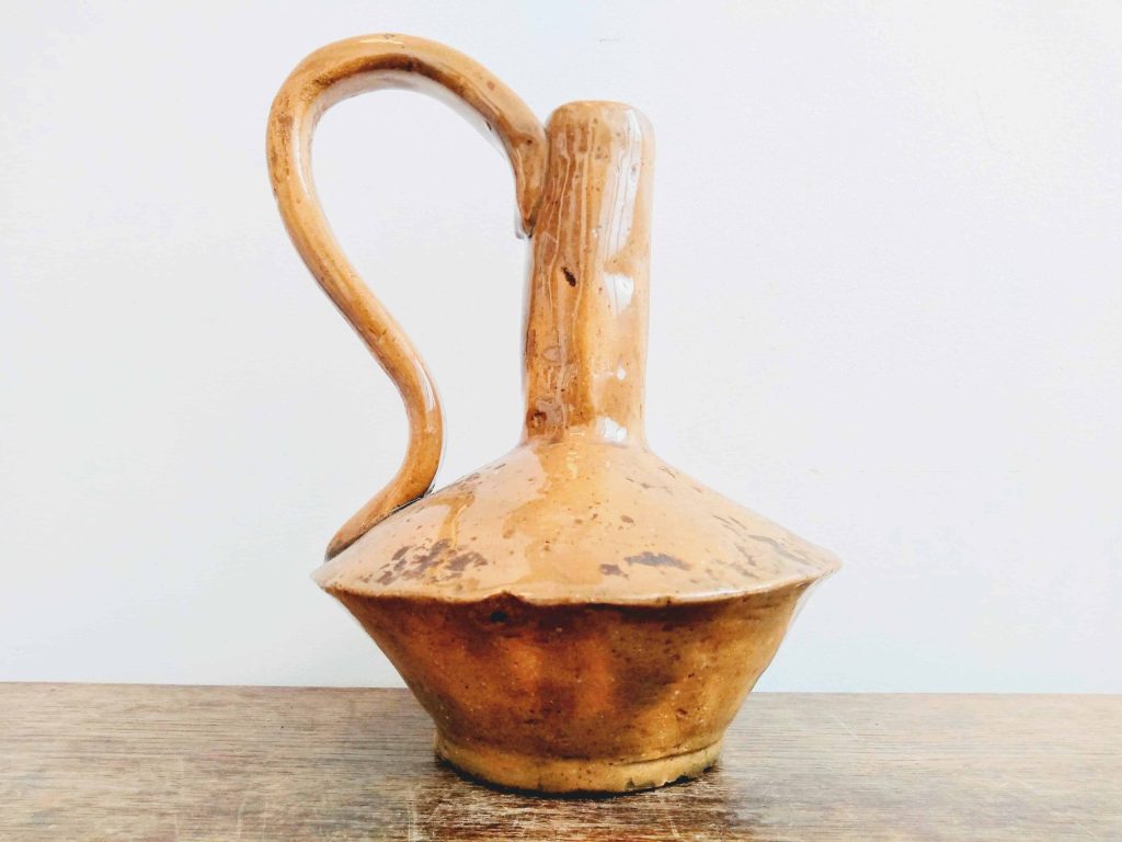 Vintage French Brown Rustic Primitive Stoneware Pottery Clay Pitcher Jug Stem Vase Display circa 1970-80’s