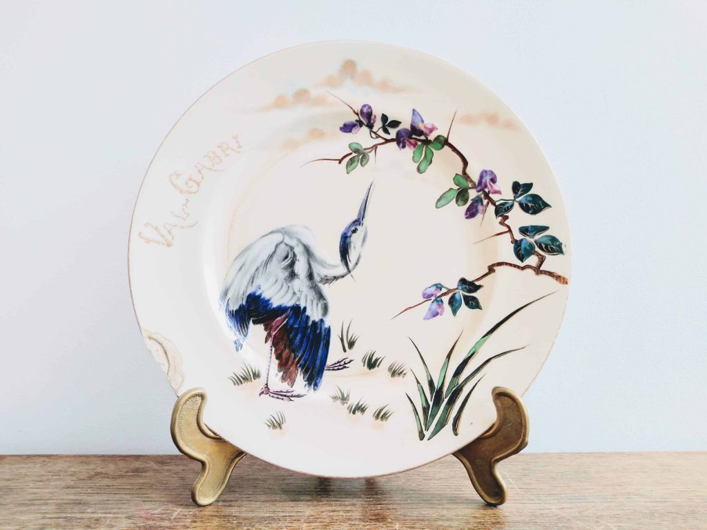 Antique French Val Gabri Painted White Bird Flower Decorated Dinner Plate Ceramic With Damage circa 1910’s