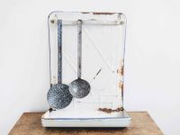 Vintage French Enamel Spoon Tool Hanging Rack Kitchen Storage Display Drip Tray Wall Hanging circa 1940-50's