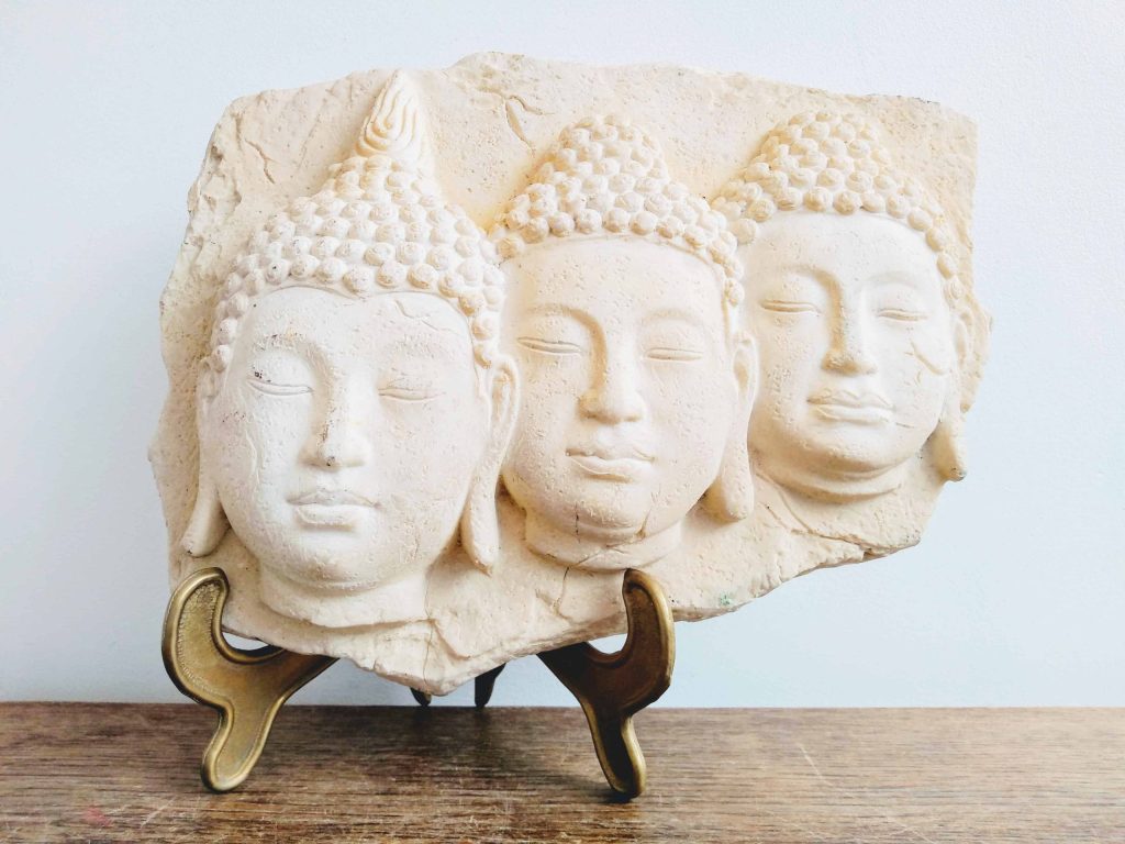 Vintage Thai Style Three Buddha Head Stone Ornament Decor Display Wall Hanging Sculpture circa 1990’s