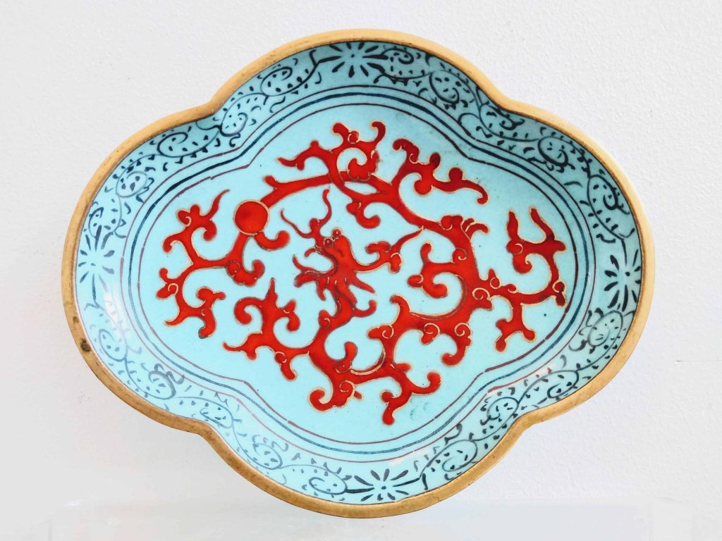 Antique Chinese Cloisenee Turquoise Brass Rimmed Small Plate Bowl Dish Trinket Serving Jewelery Jewellery circa 1910’s
