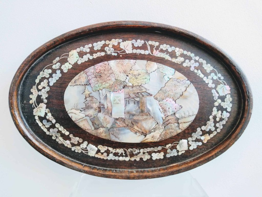 Antique Chinese Detailed Mother Of Pearl Inlaid Tray Dish Hand Carved Rats Pagoda Leaves Trees Engraved circa 1900’s