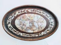 Antique Chinese Detailed Mother Of Pearl Inlaid Tray Dish Hand Carved Rats Pagoda Leaves Trees Engraved circa 1900's