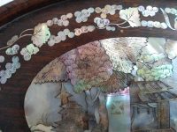 Alternative view of Antique Chinese Detailed Mother Of Pearl Inlaid Tray Dish Hand Carved Rats Pagoda Leaves Trees Engraved circa 1900's