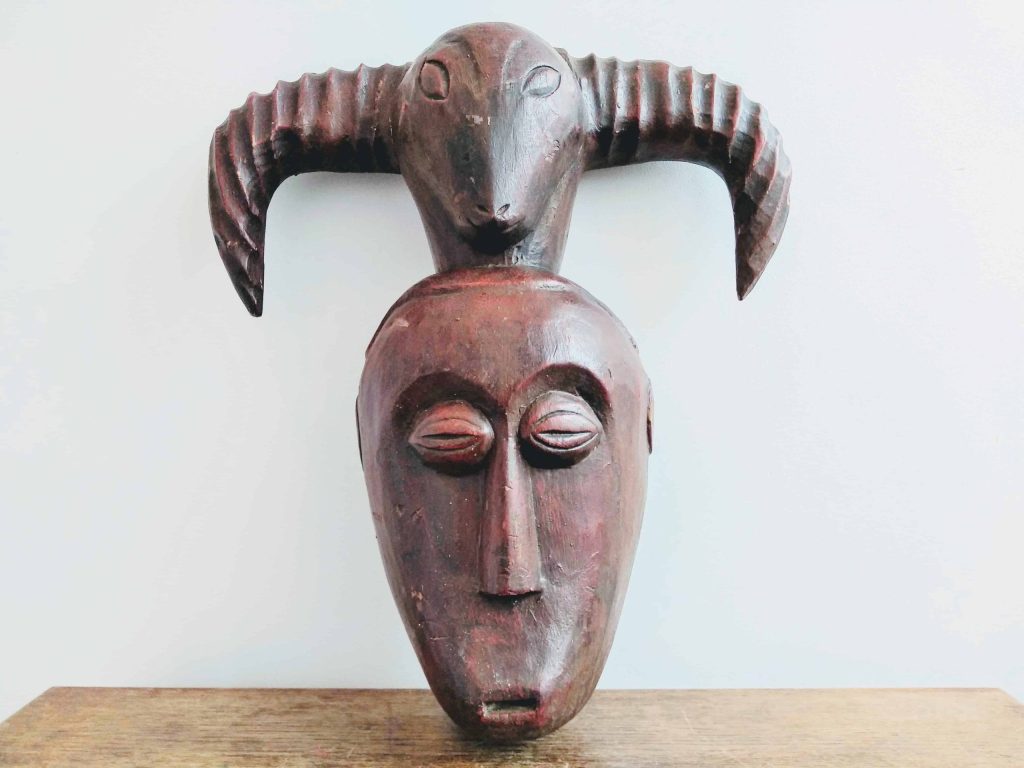 Vintage African Horned Face Man Woman Mask Idol Primitive Art Carving Sculpture Wooden Wood Wall circa 1980-1990’s