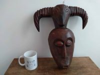 Alternative view of Vintage African Horned Face Man Woman Mask Idol Primitive Art Carving Sculpture Wooden Wood Wall circa 1980-1990's