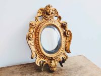 Antique French Gold Mirror Hair Locket Putti Angel Gilded Wood Gift Glass Hand Made Mirror Decorative circa 1850's