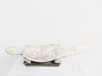 Vintage Papua New Guinea South Pacific Boar Pig Horn Carved Lizard Ornament On Wood Stand Ornament Decor Figurine c1920-40’s Vintage Papua New Guinea South Pacific Boar Pig Horn Carved Lizard Ornament On Wood Stand Ornament Decor Figurine c1920-40's