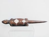 Vintage Papua New Guinea South Pacific Boar Pig Horn Carved Lizard Ornament On Wood Stand Ornament Decor Figurine c1960-80’s Vintage Papua New Guinea South Pacific Boar Pig Horn Carved Lizard Ornament On Wood Stand Ornament Decor Figurine c1960-80's