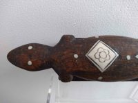 Alternative view of Vintage Papua New Guinea South Pacific Boar Pig Horn Carved Lizard Ornament On Wood Stand Ornament Decor Figurine c1960-80's