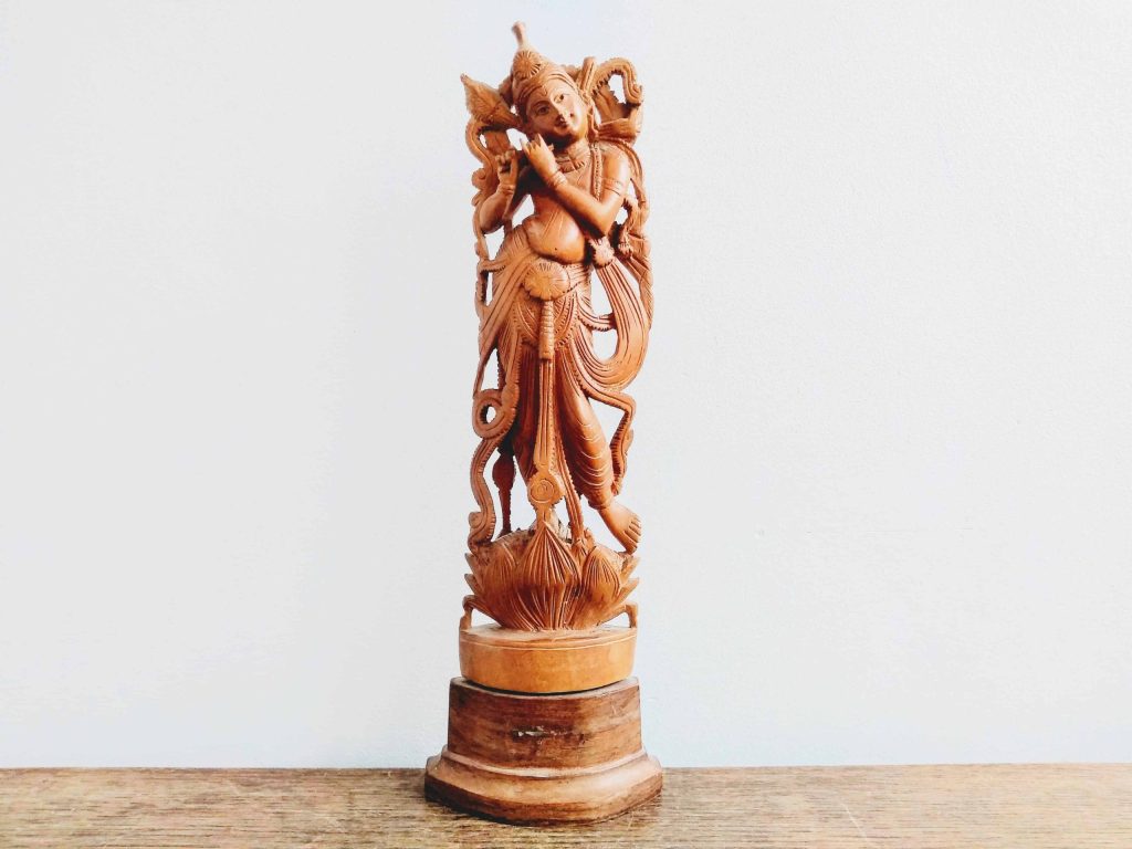 Vintage Indian Delicately Hand Carved Flute Player Wood Ornament Wooden Figurine circa 1920-40’s