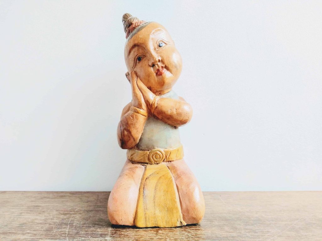 Vintage Chinese Wooden Kneeling Dancing Boy Girl Child Luck Lucky Statue Art Carving Sculpture Ornament circa 1980-1990’s