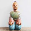 Vintage Chinese Wooden Kneeling Meditating Boy Child Luck Lucky Statue Art Carving Sculpture Ornament circa 1980-1990's