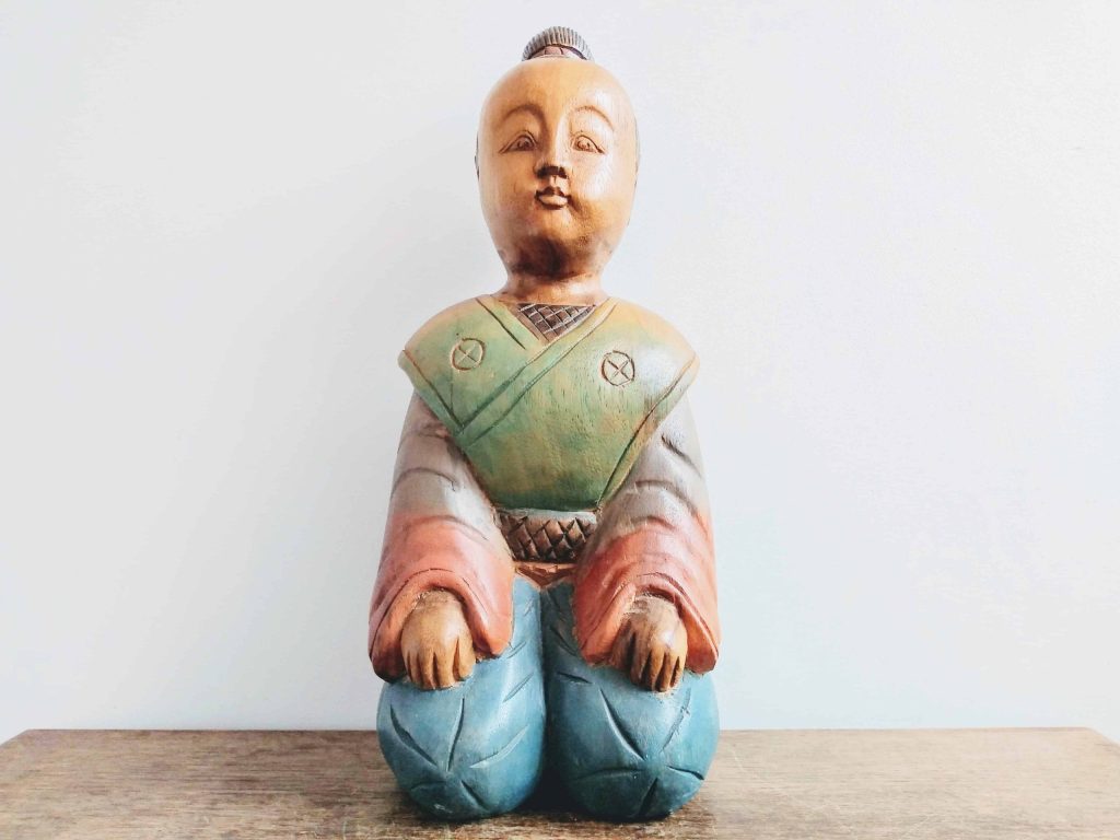 Vintage Chinese Wooden Kneeling Meditating Boy Child Luck Lucky Statue Art Carving Sculpture Ornament circa 1980-1990’s