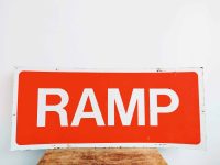 Vintage English Large Red Ramp Warning Sign Metal Roadsign Road Display Garage Man Cave circa 1980-90's