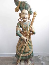 Vintage Indian Large Hand Carved Man Priest Royalty Staff Bearer Wood Ornament Wooden Figurine Temple Prop circa 1950’s