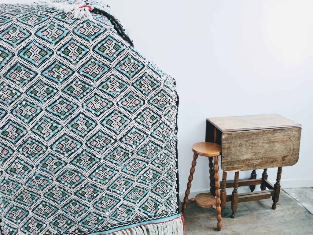 Vintage Moroccan Wedding Rug Cotton Wool Decorative Turquoise Coloured Bed Floor Mat Carpet Sequins Paillets circa 1990’s 3