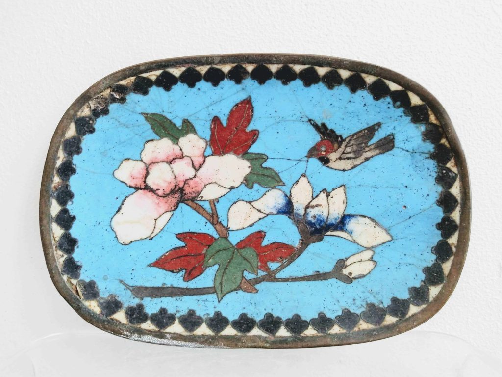 Antique Oriental Small Blue Flowers Metal Cloisonne Enamel Enamelled Bowl Dish Plate Trinket Jewellery circa 1900’s