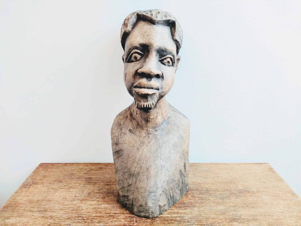 Vintage African Wooden Haired Bearded Man Bust Idol Statue Primitive Art Carving Sculpture Ornament Display c1970’s