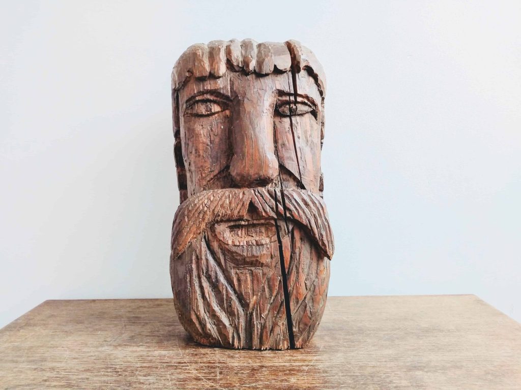 Vintage French Druid Wooden Face Bearded Man Mask Idol Statue Primitive Art Carving Sculpture Wood Wall circa 1970-80’s