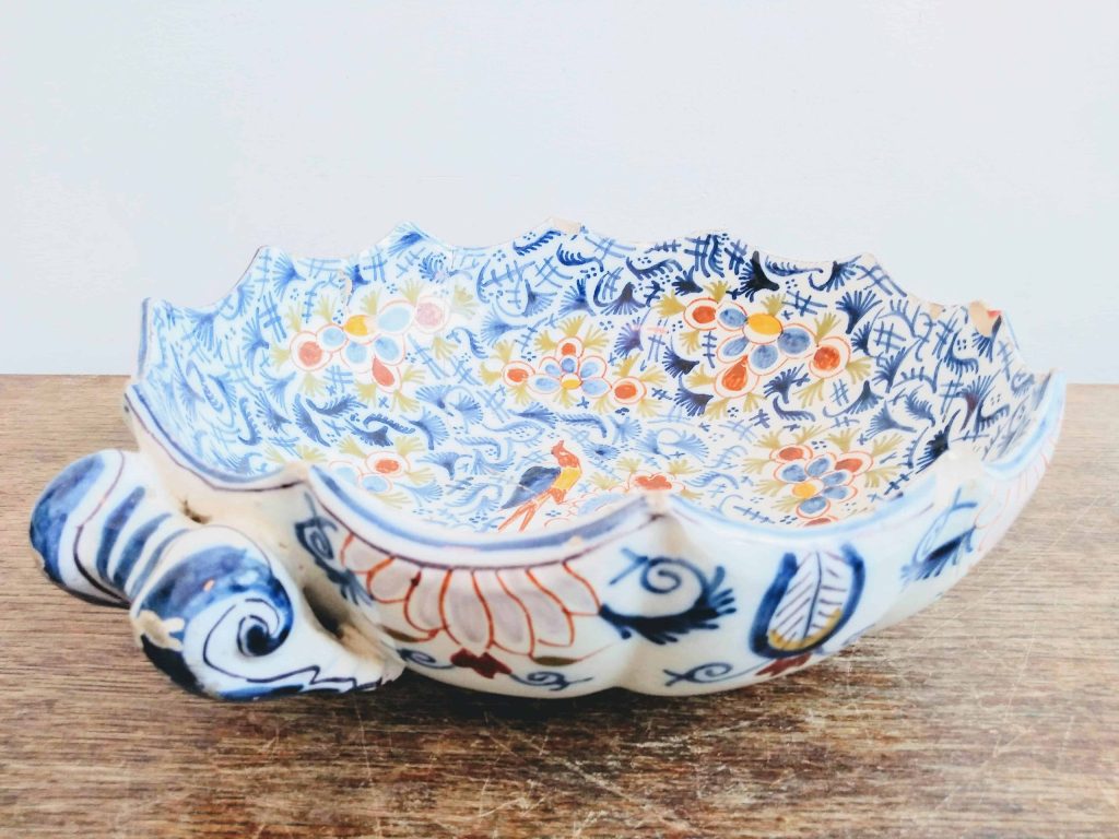 Antique French Ceramic Hand Painted Faience Decorative Bird Blue Fruit Bowl Dish Platter Display DAMAGED c1850’s