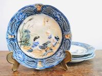 Vintage French Ceramic Lunch Sandwich Plates Featuring A See-Saw White Blue Plate Platter Set Of Four Display c1910-20's