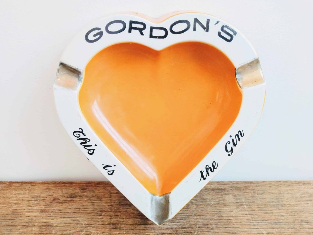Vintage English Orange Gordon’s Gin Heart Shaped Ceramic Ashtray Dish Pot Smoking Tobacciana Pub circa 1960-70’s