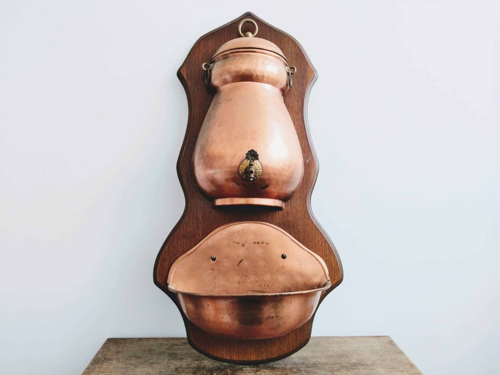 Vintage French Large Wooden Plaque Copper Small Sink Lavabo Hand Basin Font Water Holder wall hanging panel c1970-80’s