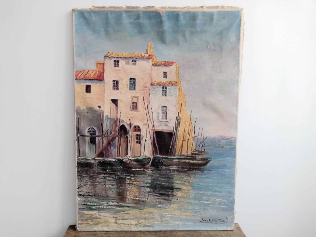 Vintage French Signed Jean Hector Trotin Italy Venice House Boat Quay Sailing Boats Oil Painting Art circa 1910-20’s