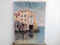 Vintage French Signed Jean Hector Trotin Italy Venice House Boat Quay Sailing Boats Oil Painting Art circa 1910-20's