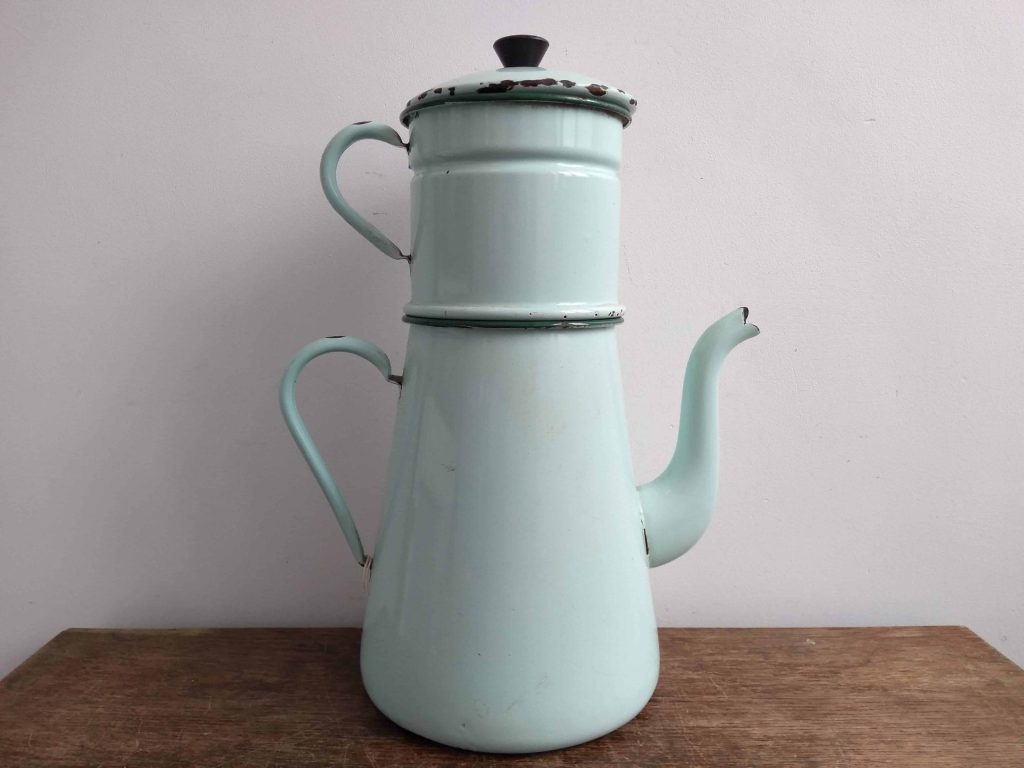Vintage French Large Lime Pale Green Metal Enamel Handled Coffee Filter Coffee Pot Brewing Stove Top Pot circa 1930-40’s