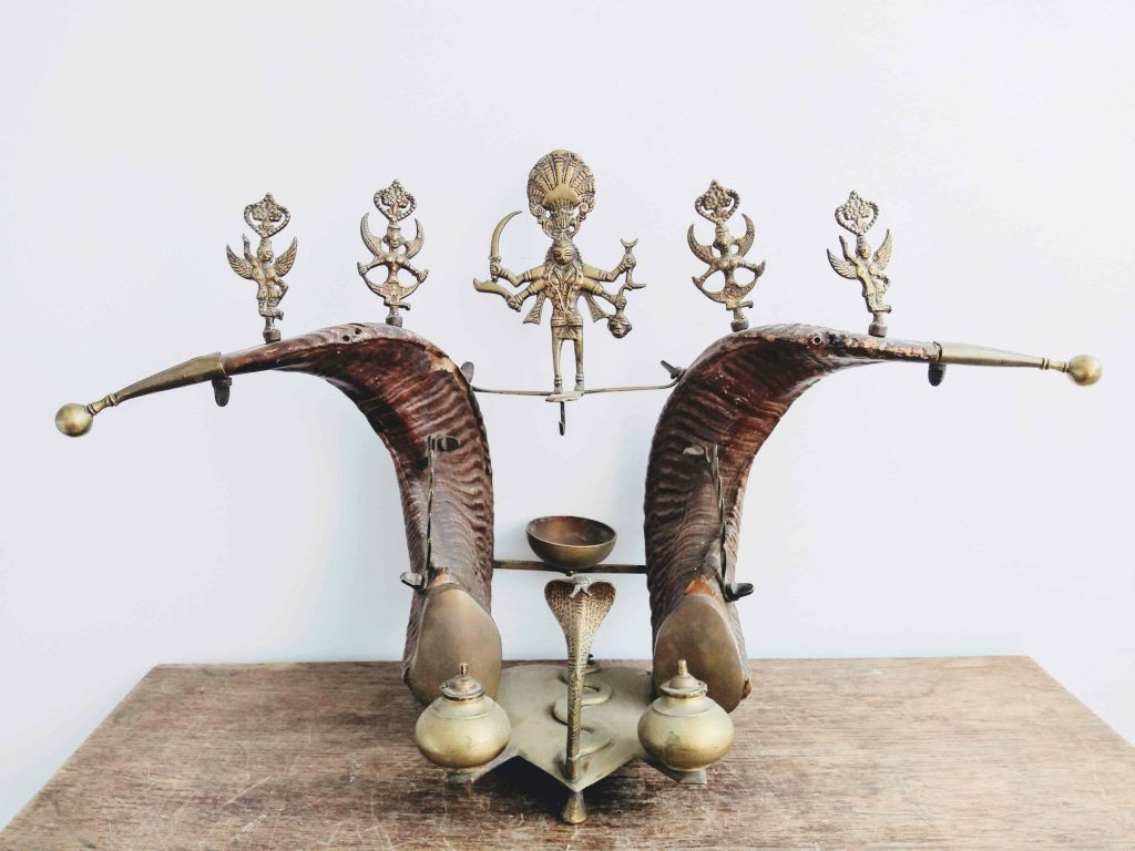 Antique Indian Horned Writing Set Display With Indian Gods Python Ink Pots Pen Rack Inkstand Stand Office Decor circa 1910’s