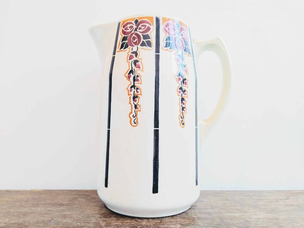 Vintage French Ceramic Large White Black Bergundy Amber Decorated Watering Table Dinner Water Jug Carafe Pitcher Vase c1950’s