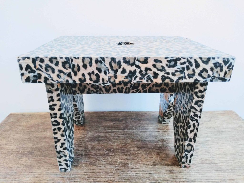 Vintage French Faux Leopard Skin Wooden Stool Foot Rest Small Stand Kitchen Table Farm Cow Goat circa 1970-80’s