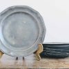 Antique French Small Pewter Dinner Plate Mixed Set Of Seven charger platter serving table display bashed bruised c1900's
