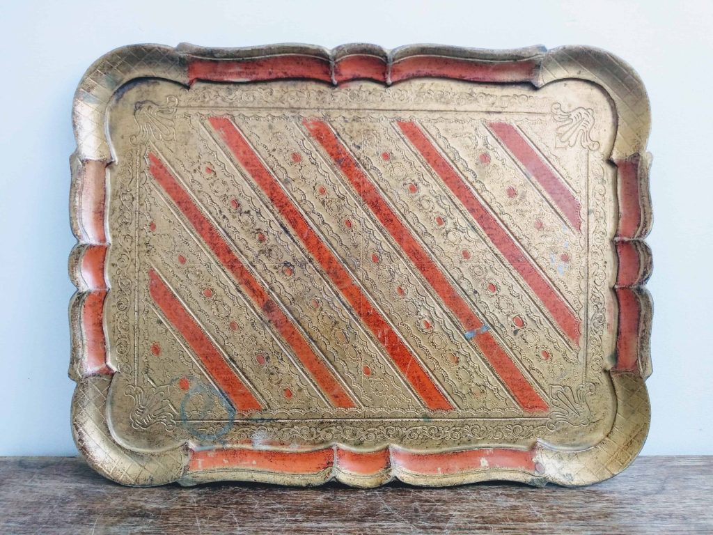 Vintage Italian Florentine Florence Red Gold Wood Ornately Decorated Small Serving Lap Tray Handled Decoration c1950-60’s