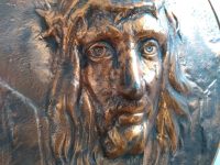 Alternative view of Vintage French Large Villedieu Copper Circular Plaque Of Jesus Christ With Crown Of Thorns Wall Hanging Gift circa 1960-70's