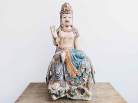Vintage Chinese Guanyin Bodhisattva Female Buddha Buddhist Buddhism Large Temple Wood Ornament Wooden Figurine c1950-70's